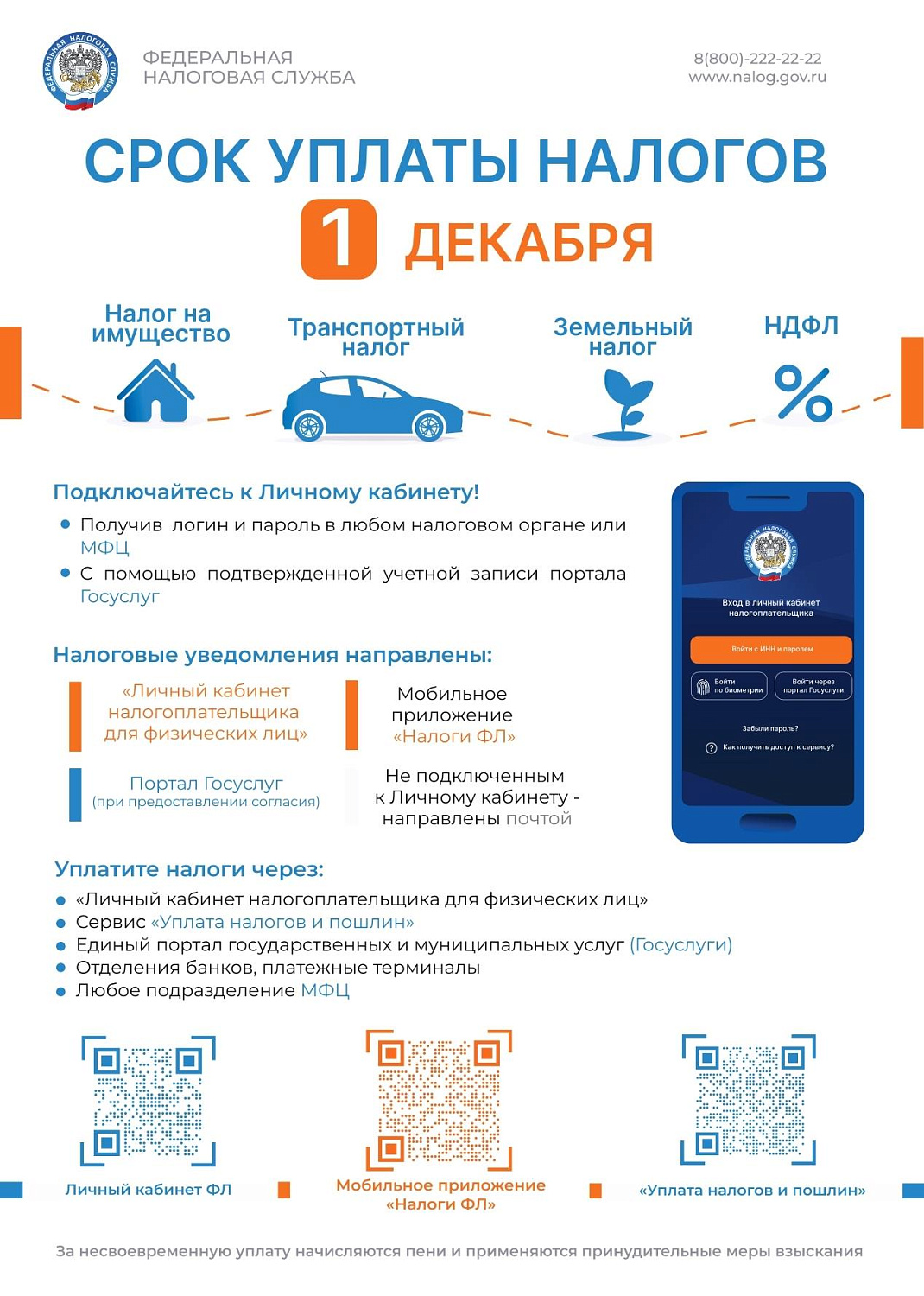 Не позднее 1 декабря 2025 года собственникам имущества необходимо уплатить имущественные налоги физических лиц: налог на имущество, транспортный, земельный налог